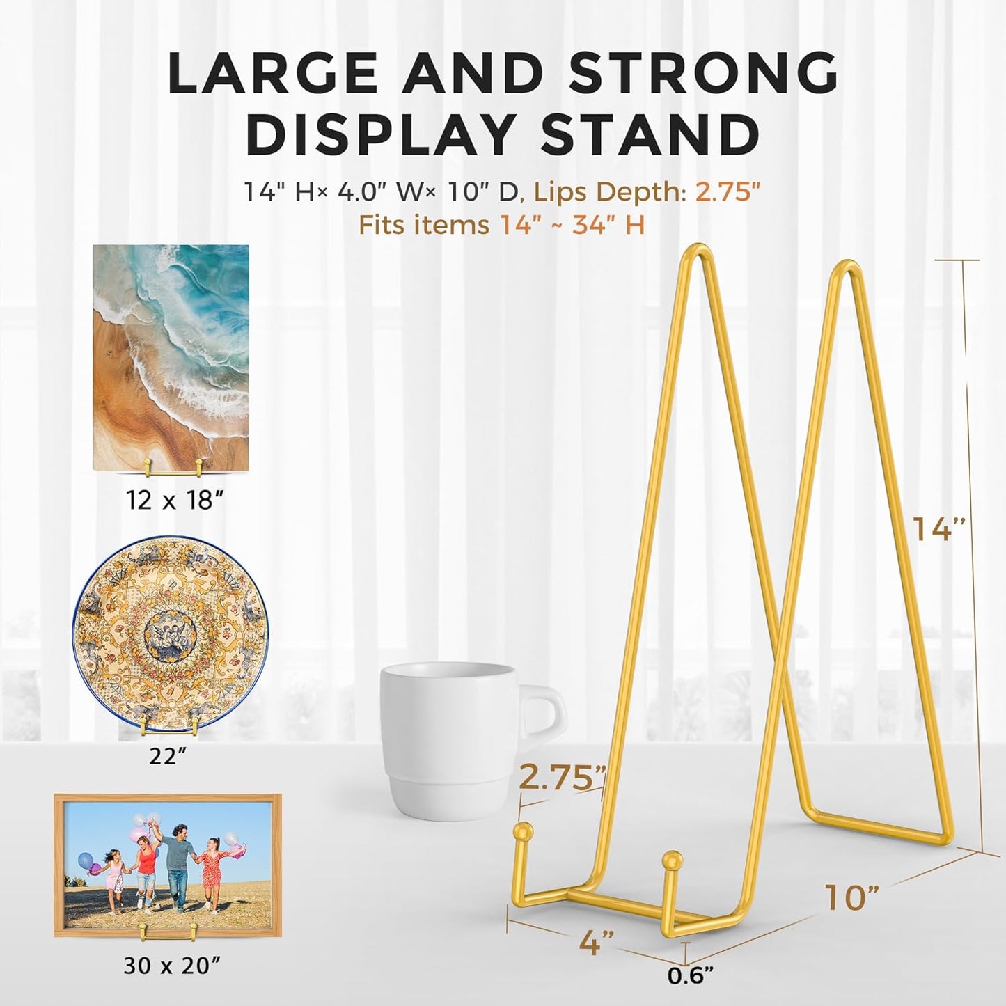 TR-LIFE 14 Inch Gold Metal Plate Stand (2 Pack) - Heavy Duty Display Easel for Large Plates, Frames, Platters and Art