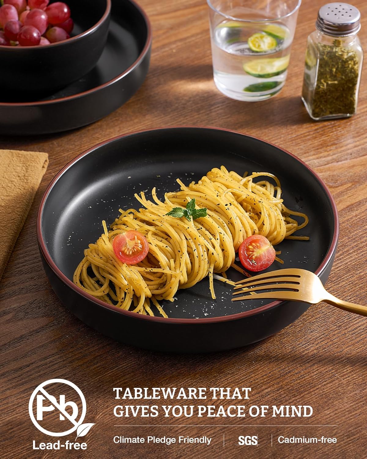 famiware Mercury Pasta Bowls Set of 4, 33 oz Large Salad Bowls, Ceramic Pasta Plates Bowls, Serving Bowls for Kitchen, Microwave & Dishwasher Safe, Black