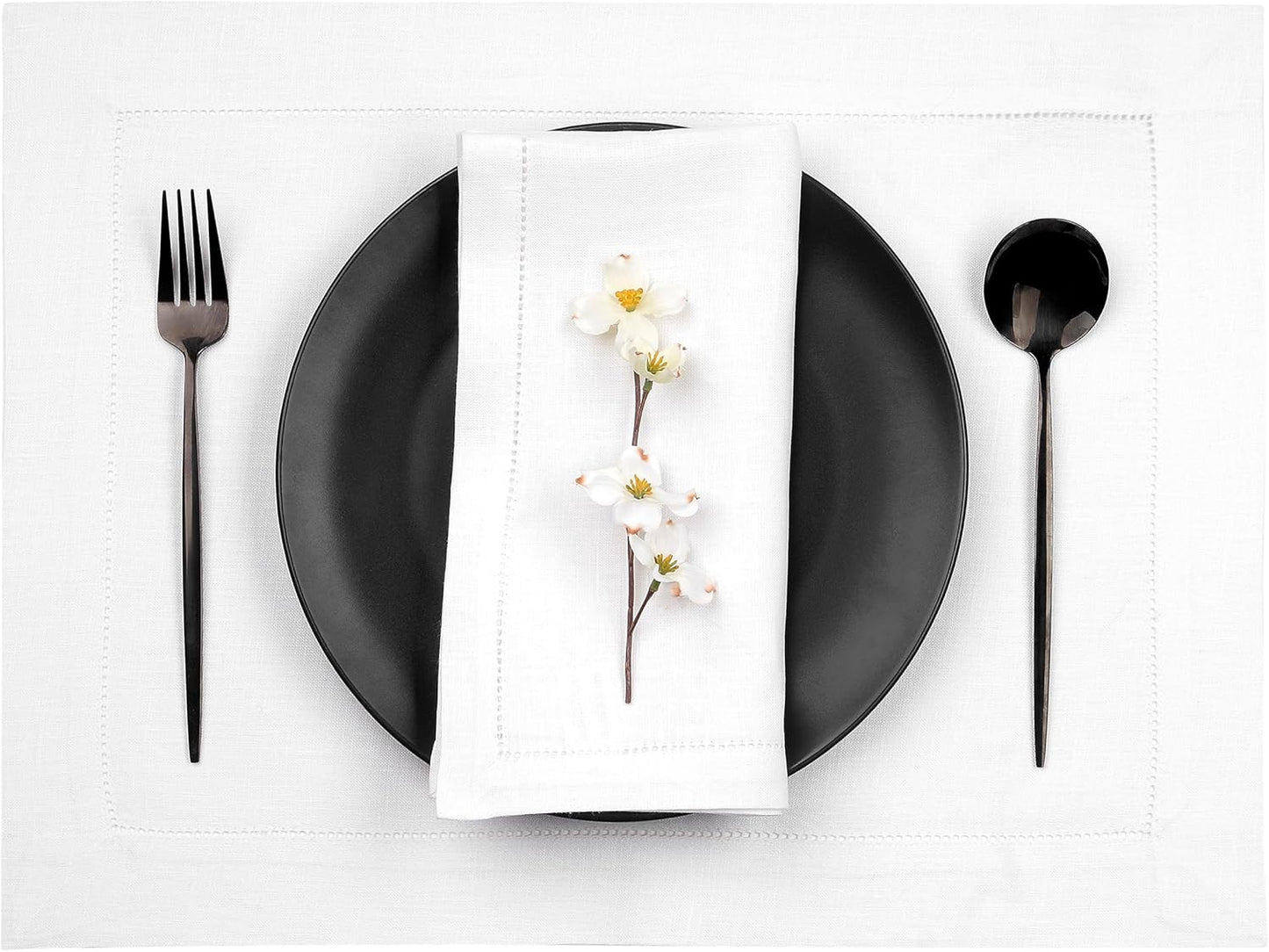 D'Moksha Homes White Linen Placemats Set of 6 - Classic Hemstitch Placemats 14 x 19 Inch - 100% Pure Linen Table Mats for Fall, Autumn and Halloween - Handcrafted and Machine Washable