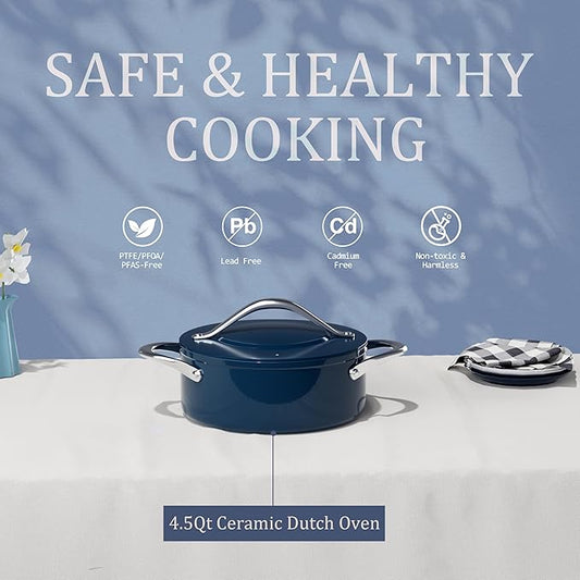 Stock Pot 4.5QT Nonstick Ceramic Dutch Oven with Lid (9.5") Non-Toxic PFAS-Free Even Heat Distribution, for Braising, Baking Bread & Soups, Compatible for All Cooktops(Induction/Gas/Electric) Oven Safe to 500°F, Navy Blue