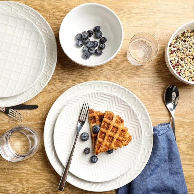 Sureasy Ceramic Dinnerware Sets for 8, 24 Piece Embossed Plates and Bowls Sets, Scratch Resistant Stoneware Dishes Set, Dishwasher and Microwave Safe, White