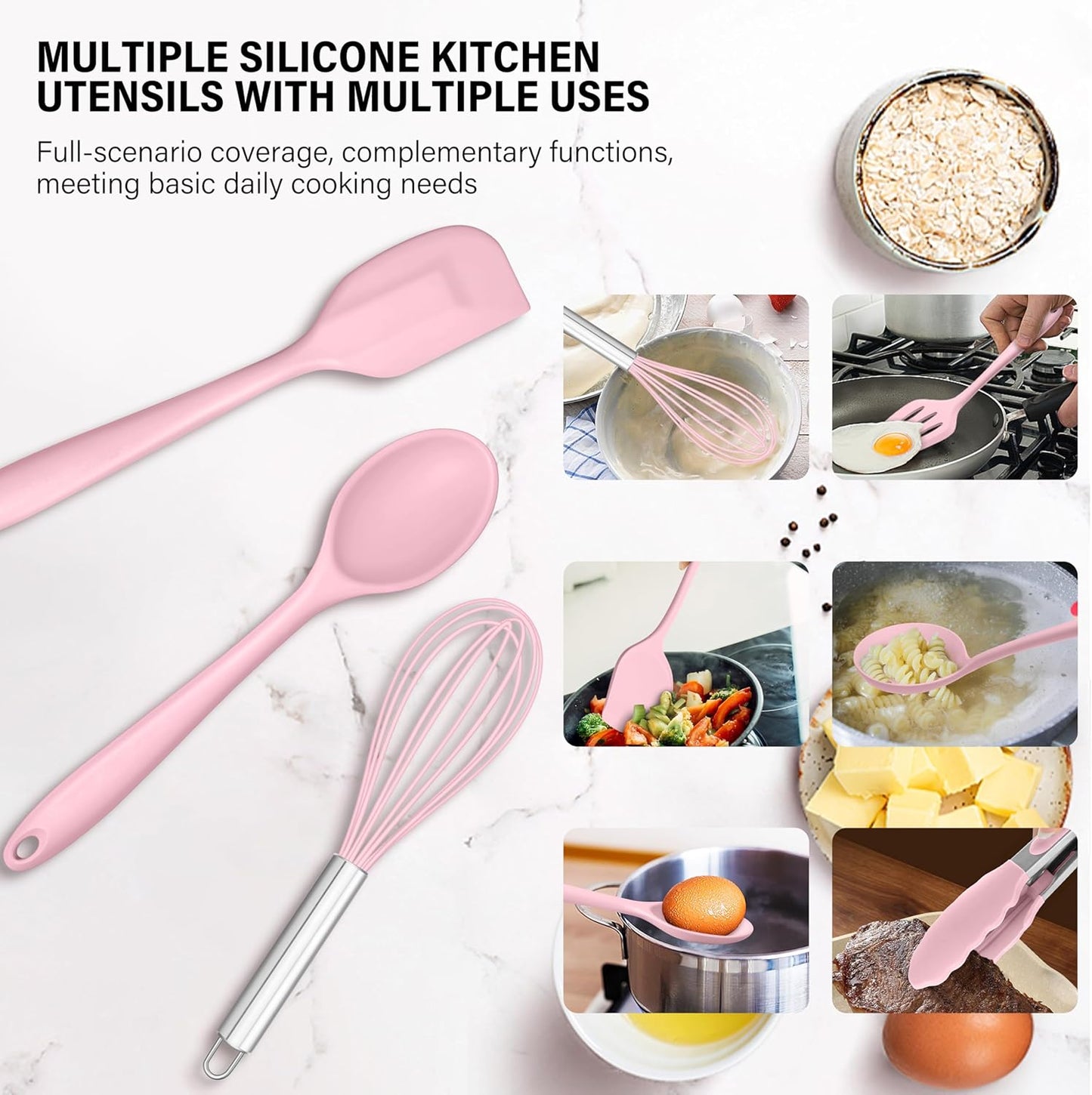 HaWare 11 PCS Silicone Cooking Utensils Set, Heat Resistant Kitchen Utensils with Holder, Food-grade Spatula Sets for Nonstick Cookware, Kitchen Tools Gadgets Include Fish Turner, Spoon (Pink)