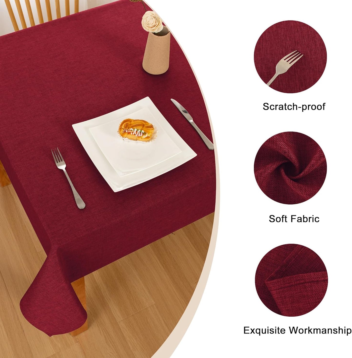 Hiasan Faux Linen Rectangle Tablecloth - Wrinkle and Stain Resistant Washable Table Cloth for Kitchen Dining Room Holiday Table Cover for Dinner, Red, 60 x 84 Inch