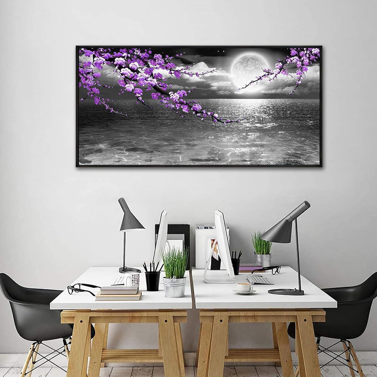yiijeah Large Paintings for Living Room - Purple Wall Decor Plum Blossom Moon Ocean Canvas Picture Framed Artwork Black and White Seascape Wall Art Home Bedroom Decoration