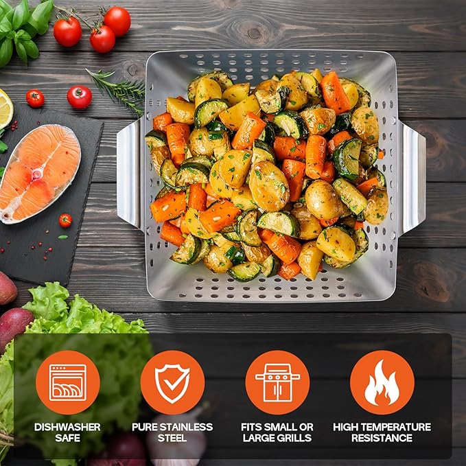 Onlyfire 3 Packs Grill Baskets, Heavy Duty Stainless Steel Perforated Vegetable Grill Baskets, 3 Piece Mini Grilling Basket Set, Grill Pan for Outdoor Grill