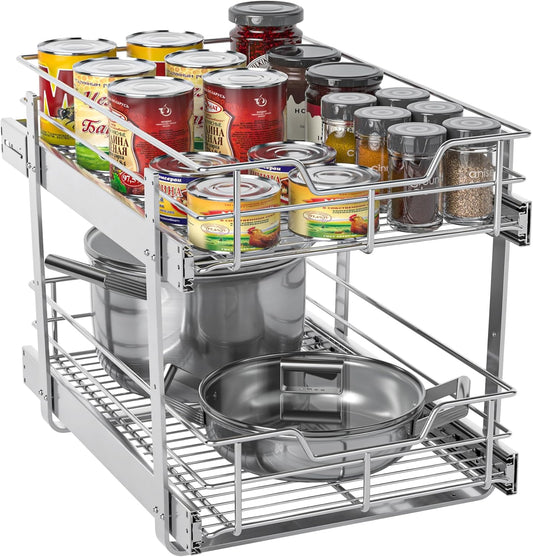 ZOINLIY Pull Out Cabinet Organizer, Versatile Slide Out Kitchen Organizers and Storage,Heavy Duty Drawer Cupboard Storage Basket, Smooth Sliding, Chrome Finish (2-Tiers-14¼''W×22“D)