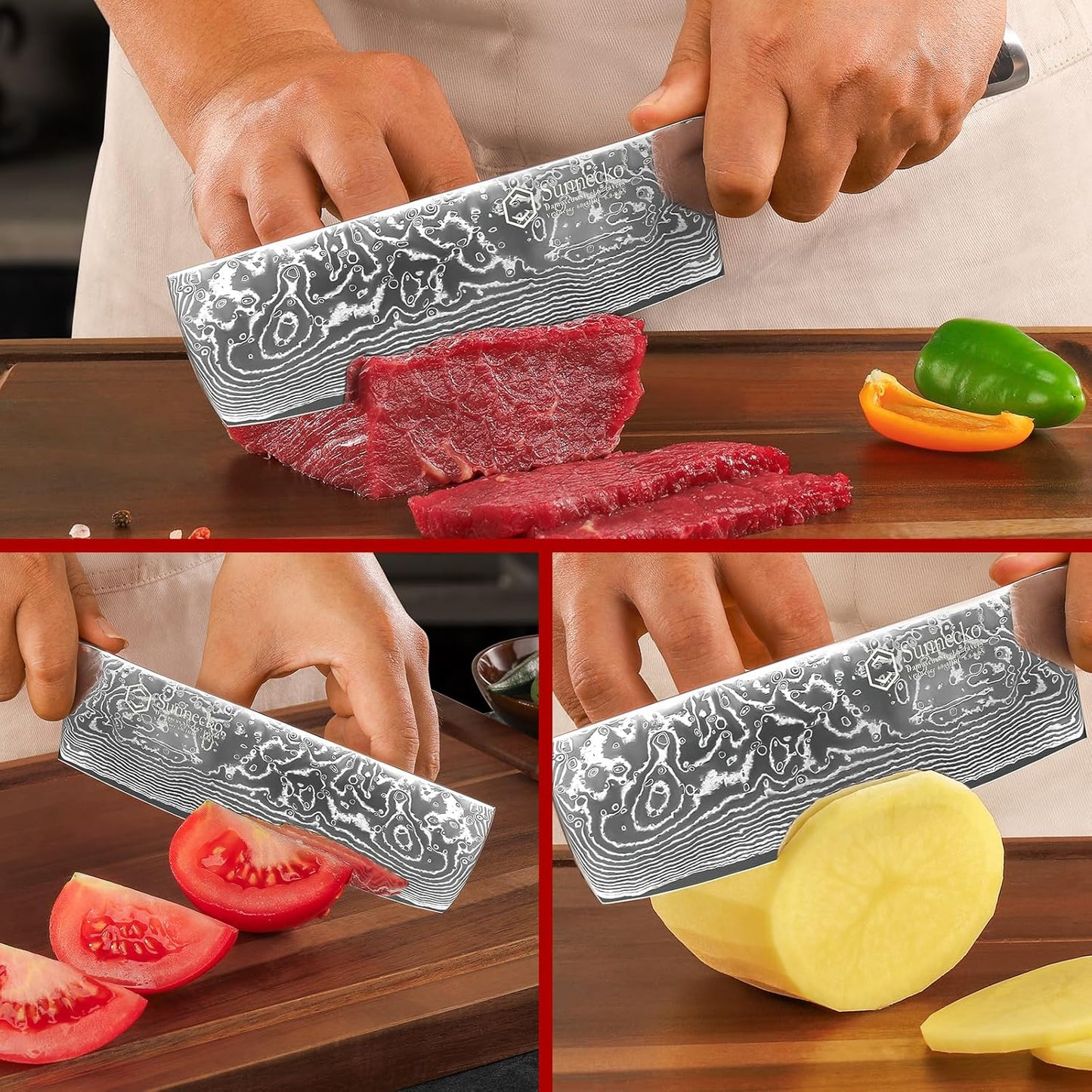 Sunnecko Damascus Kitchen Knife 7 Inch Cleaver Knife VG-10 Stainless Steel Chopping Knife with Solid Handle Nakiri Knife Perfect for Professional Use or Home Cooking Enthusiast
