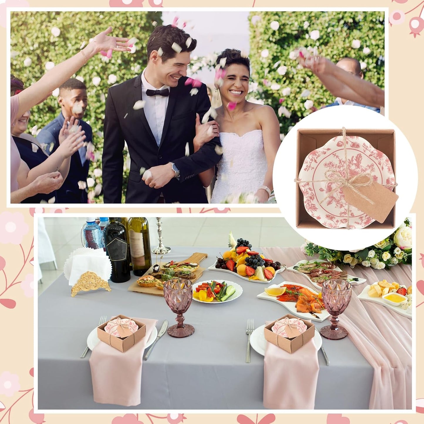 48 Pcs Wedding Favors for Guests Small Ceramic Bowl Bulk Gifts Set 3.3 Inch Floral Design Mini Dipping Bowl Sauce Dish with Cards Box for Bridal Baby Shower Birthday Guest Gift (Pink)