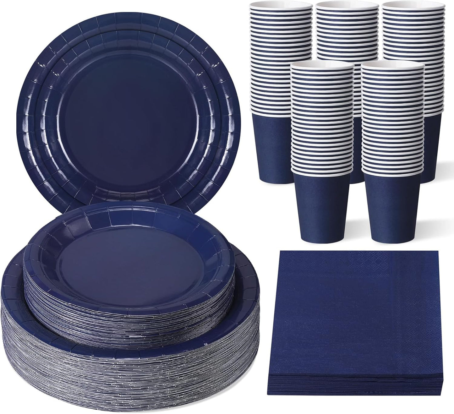 Tioncy 200 Pcs Disposable Paper Plates Cups and Napkins Party Supplies Serve 50 Guests Disposable Paper Dinnerware Set for Halloween Birthday Wedding Baby Shower Family Picnic(Navy Blue)