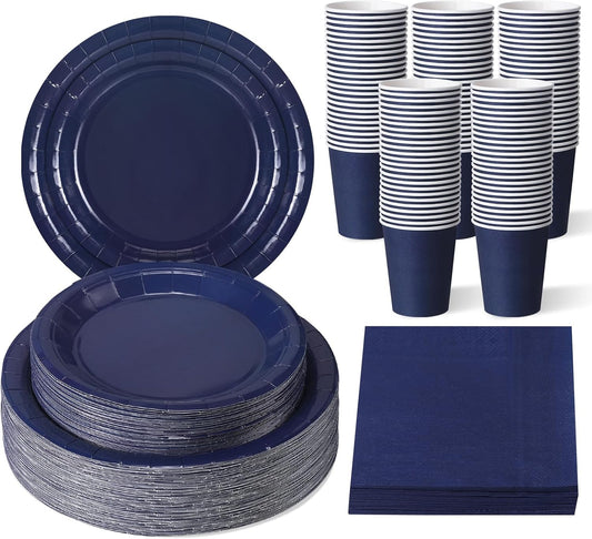 Tioncy 200 Pcs Disposable Paper Plates Cups and Napkins Party Supplies Serve 50 Guests Disposable Paper Dinnerware Set for Halloween Birthday Wedding Baby Shower Family Picnic(Navy Blue)