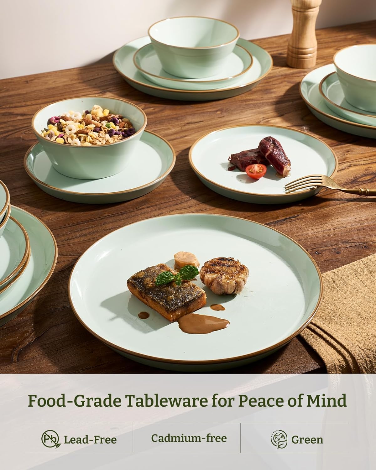 Famiware Saturn Dinnerware Sets, Plates and Bowls Sets for 4, 12 Pieces Stoneware Dish Set - Chip and Scratch Resistant, Microwave and Dishwasher Safe Tableware Set, Light Green with Rim