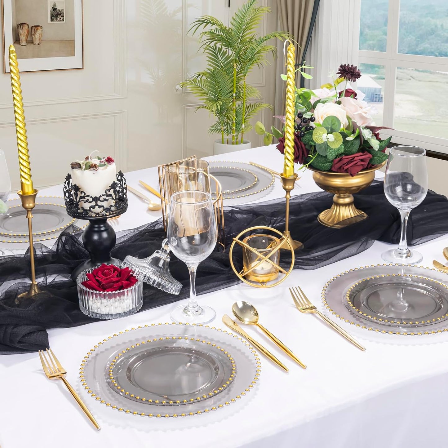 EI 60pcs Black and Gold Plastic Plates Clear with Black Disposable Plates Heavy Duty Gold Plastic Dinnerware Set For 30 Guests Perfect Wedding,Party,Birthday,Anniversary,Halloween