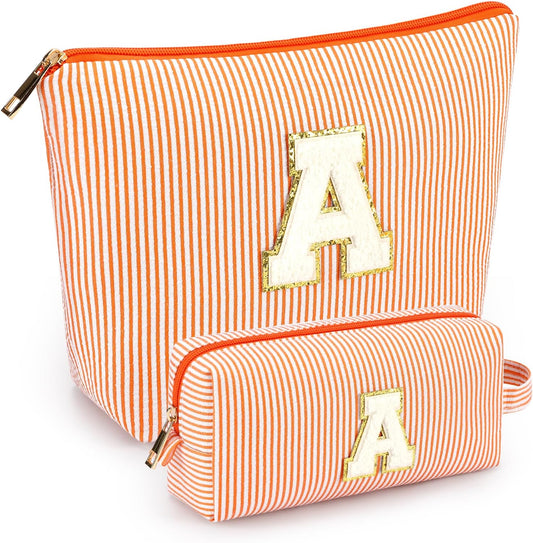 2 PCS Initial Makeup Bags for Women: Cosmetic Bag for Travel Toiletry - Birthday Gifts for 11 12 13 14 15 16 17 18 Years Old Girl Graduation Teacher Gift- Teen Girl Gifts Trendy Stuff - Orange A