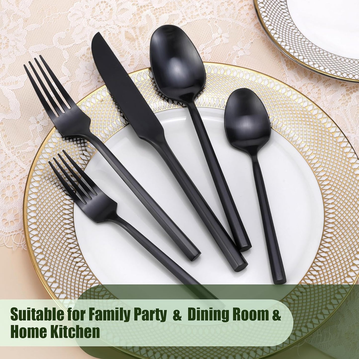 DEACORY Silverware Set Flatware Set Matte Black Cutlery Set Brushed Finished Hexagon Handle Heavy Stainless Steel 60 Pieces Dishwasher Safe Service for 12