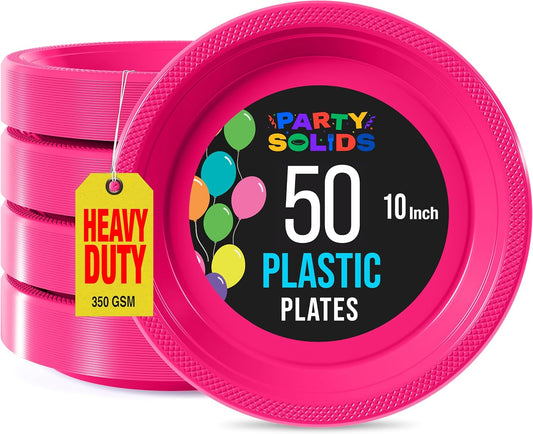 Exquisite Party Solids Hot Pink Plastic Plates For Party Supplies 10" Hot Pink Disposable Plates Heavy Duty 50 Pcs Plastic Dinnerware Sets Heavy Duty 350 GSM Disposable Dinnerware Set