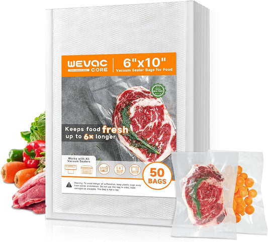 Wevac Vacuum Sealer Bags – 50 Count (6″×10″), Heavy-Duty BPA-Free Food Storage Bags, Puncture-Resistant, Freezer & Sous Vide Safe, Compatible with All Vacuum Sealers