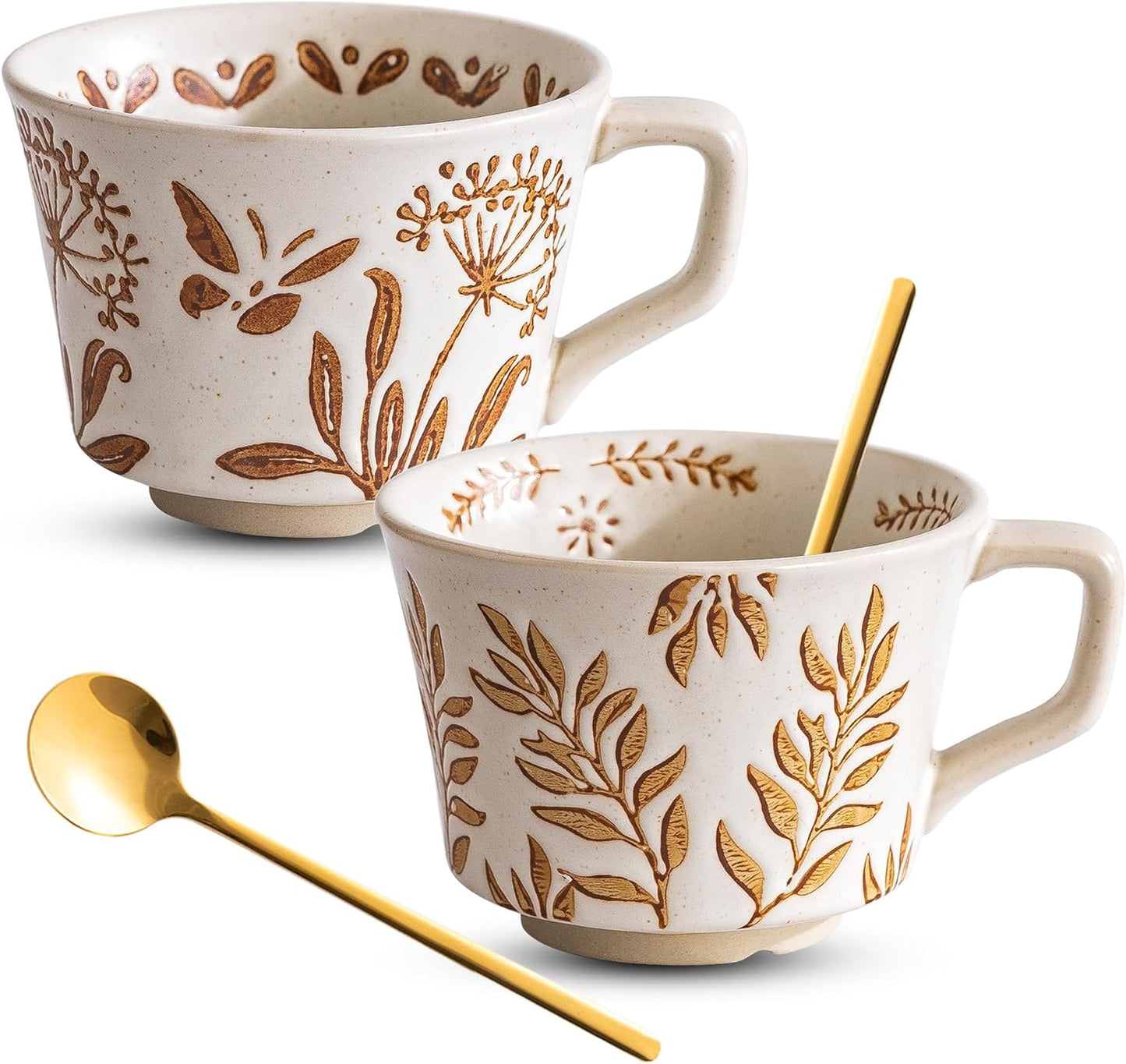 Ceramic Mugs 11oz and 2 Spoons, Coffee Cup Set of 2, 3D Carved Cup, Modern Coffee Mugs For Tea Latte Cappuccino Cocoa, Housewarming Wedding Gifts, Microwave Dishwasher Safe