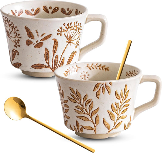 Ceramic Mugs 11oz and 2 Spoons, Coffee Cup Set of 2, 3D Carved Cup, Modern Coffee Mugs For Tea Latte Cappuccino Cocoa, Housewarming Wedding Gifts, Microwave Dishwasher Safe