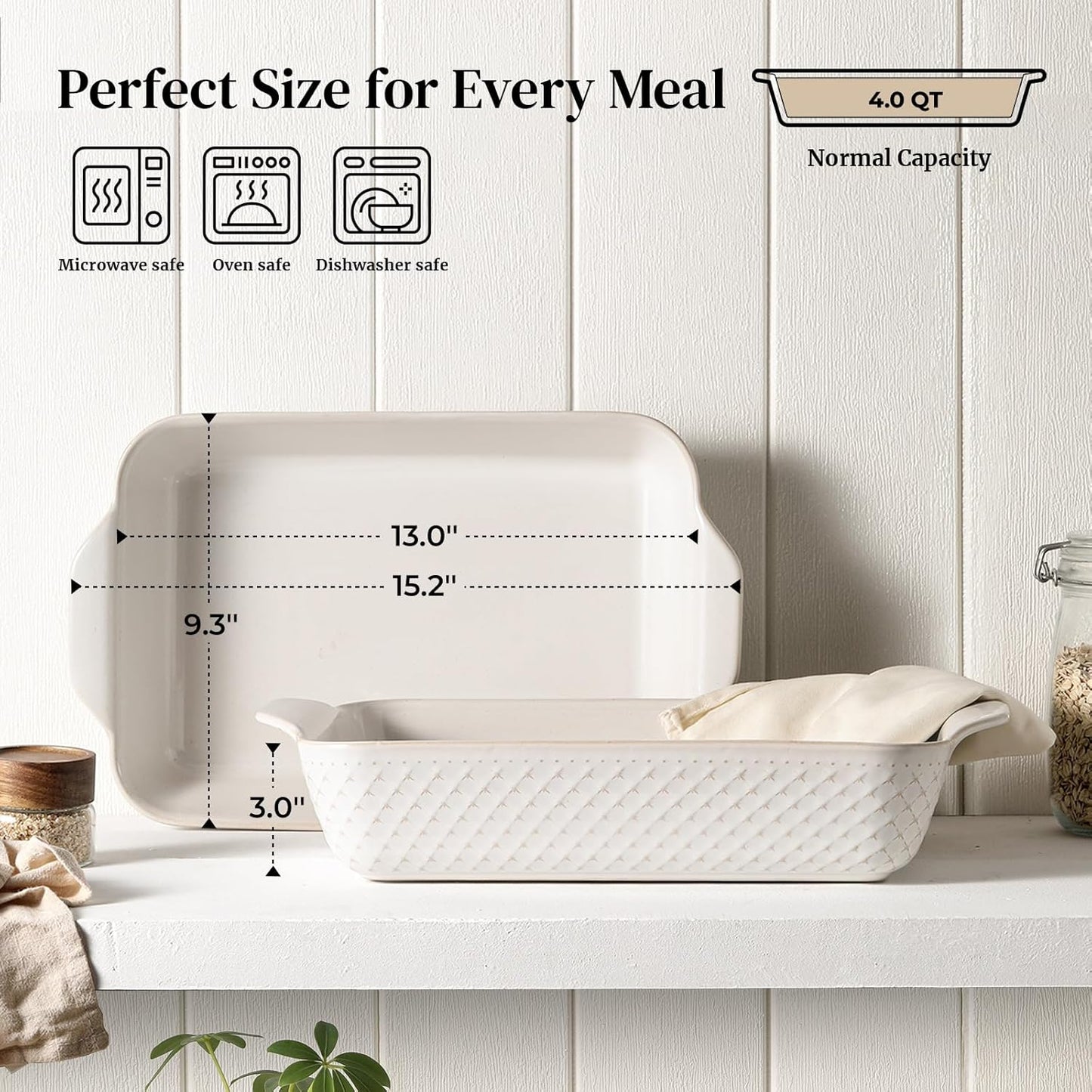 DOWAN 9x13 Deep Lasagna Baking Dish, Ceramic Casserole Dish for Oven, 4 Quarts Embossed Baking Pan with Handles, Oven Safe Bakeware for Roasting, Desserts, Durable & Giftable, Arctic White