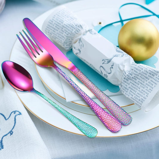 Hammered Silverware Set Rainbow Stainless Steel Flatware 40 pieces Dinning Utensils Service for 8 include Knife Fork Spoon Durable Easy to Clean