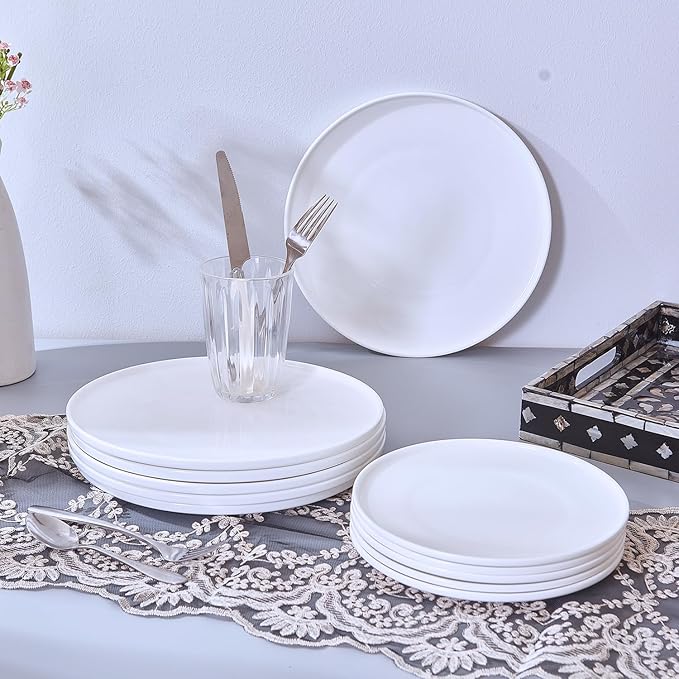 AntoKueh White Salad Plates Set of 6, 8.3 Inch Fine Bone China Small Dishes with Shallow Edge for Dessert, Appetizer, Steak, Dishwasher/Microwave safe