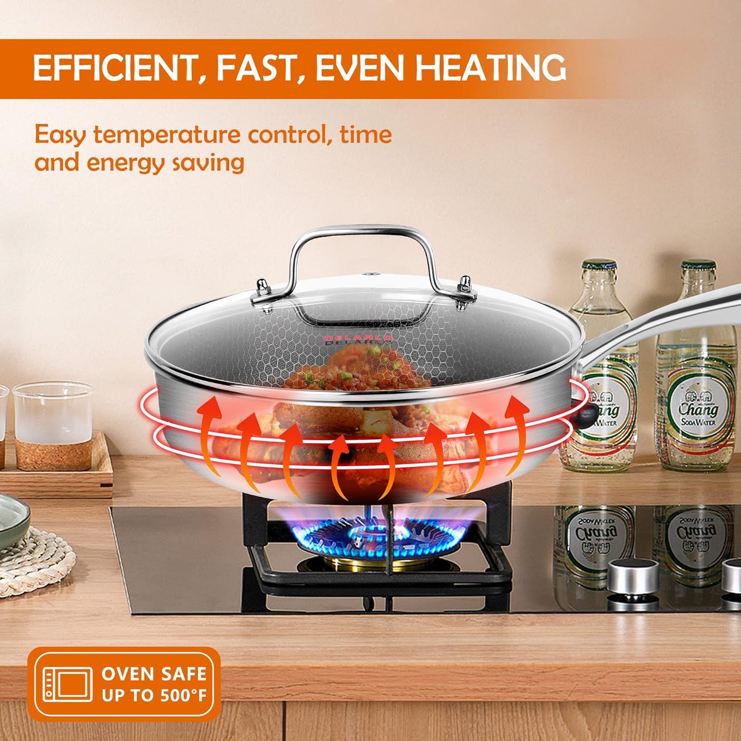 DELARLO Tri-Ply Hybrid Stainless Steel 10 Inch Saute Pan,3QT Chef Cooking Pan,Anti-Scratch,Compatible with All Cooktops,Oven Up to 660℉,Chicken Fryer,Dishwasher-Friendly（Detachable handle）