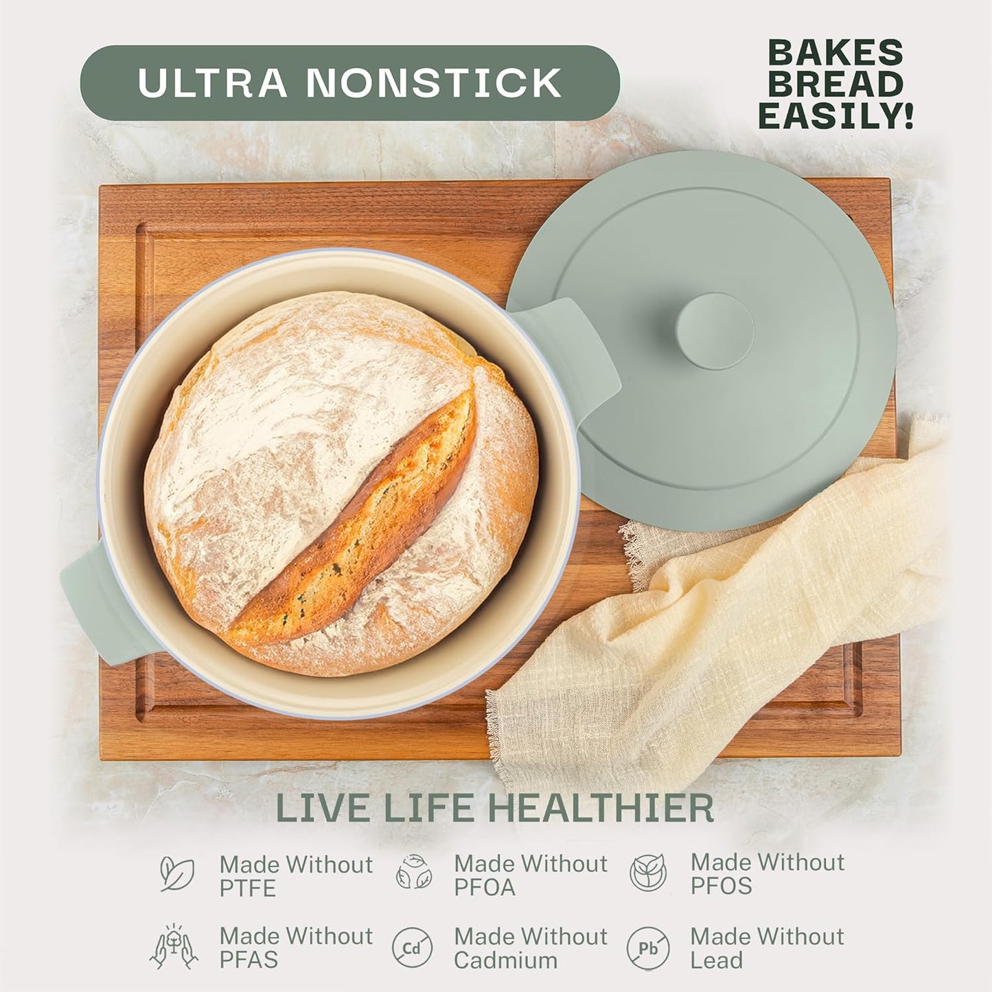 Gotham Steel 5 Qt Dutch Oven Pot with Lid, Nonstick Ceramic Dutch Oven Stock Pot Perfect Bread Baking, Stovetop Oven & Dishwasher Safe, Sage Green