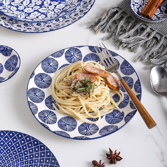 Selamica Ceramic Dinnerware Sets for 6, 24 Piece Plates and Bowls Sets, Scratch Resistant Dishes Set-Dishwasher & Microwave & Oven Safe, Vintage Blue A