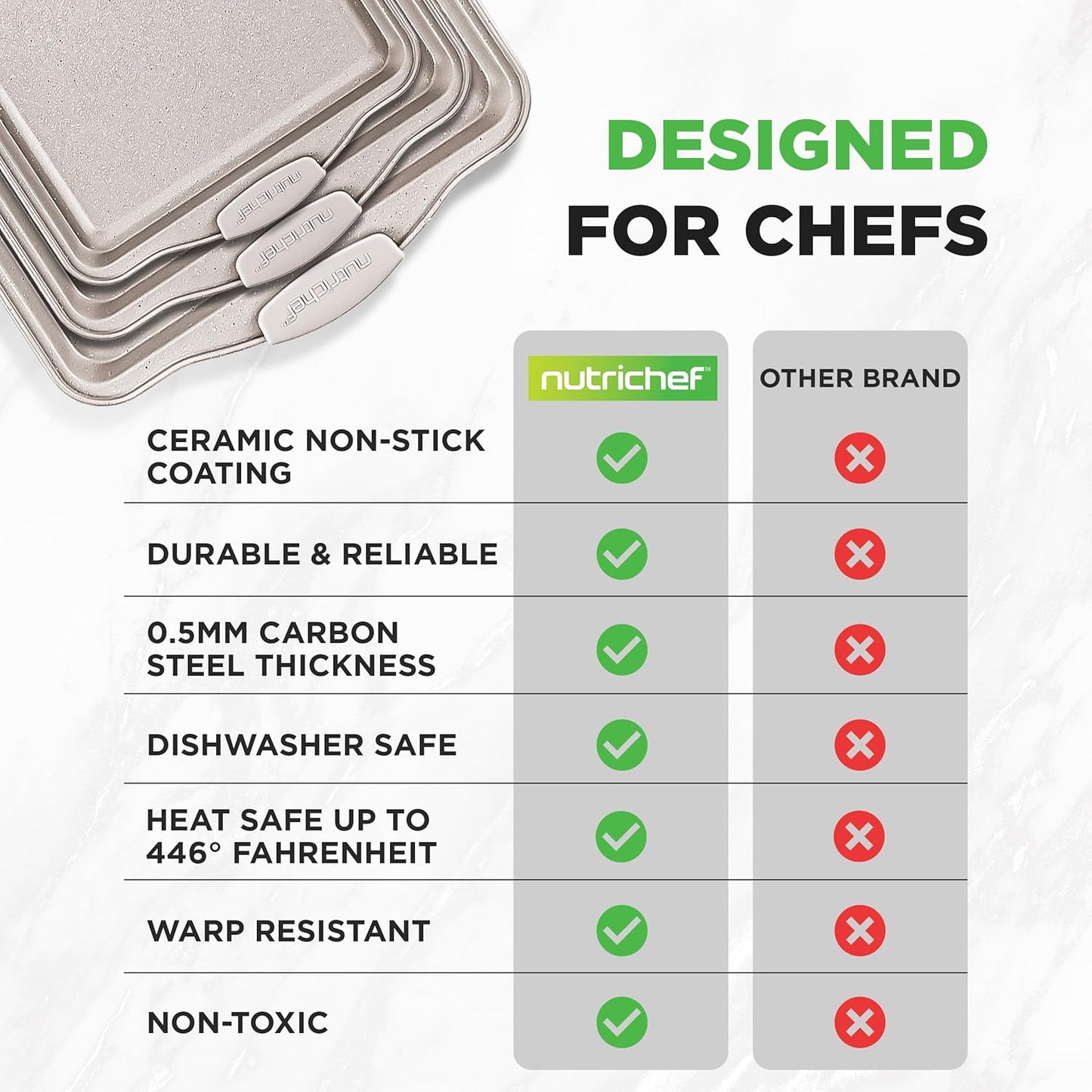 NutriChef 3 Piece Nonstick Cookie Sheets for Baking - Premium Carbon Steel Baking Pans with Black Silicone Handles - Even Heat Distribution, PFOA/PFOS/PTFE Free, Easy to Clean - Cream Marble, NCBKT3CM