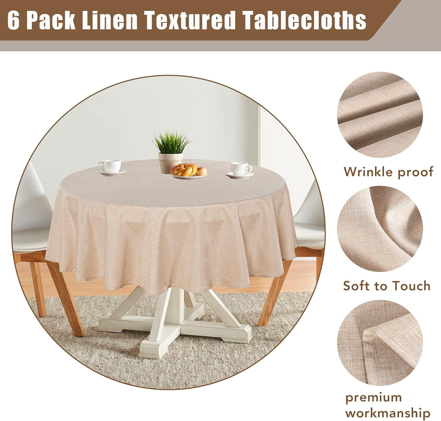 Fitable Faux Linen Round Tablecloths 60 Inches - 6 Pack Neutral Table Clothes Faux Burlap Table Covers for Kitchen, Dining Room, Party, Farmhouse, Outdoor (Great for 20"-48" Round Tables, Beige)