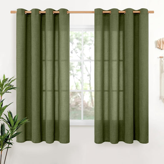 YoungsTex Olive Green Linen Curtains 63 Inch Length 2 Panels for Living Room, Semi Sheer Drapes Light Filtering with Bronze Grommet Textured Privacy for Office Bedroom, 52 X 63 Inch