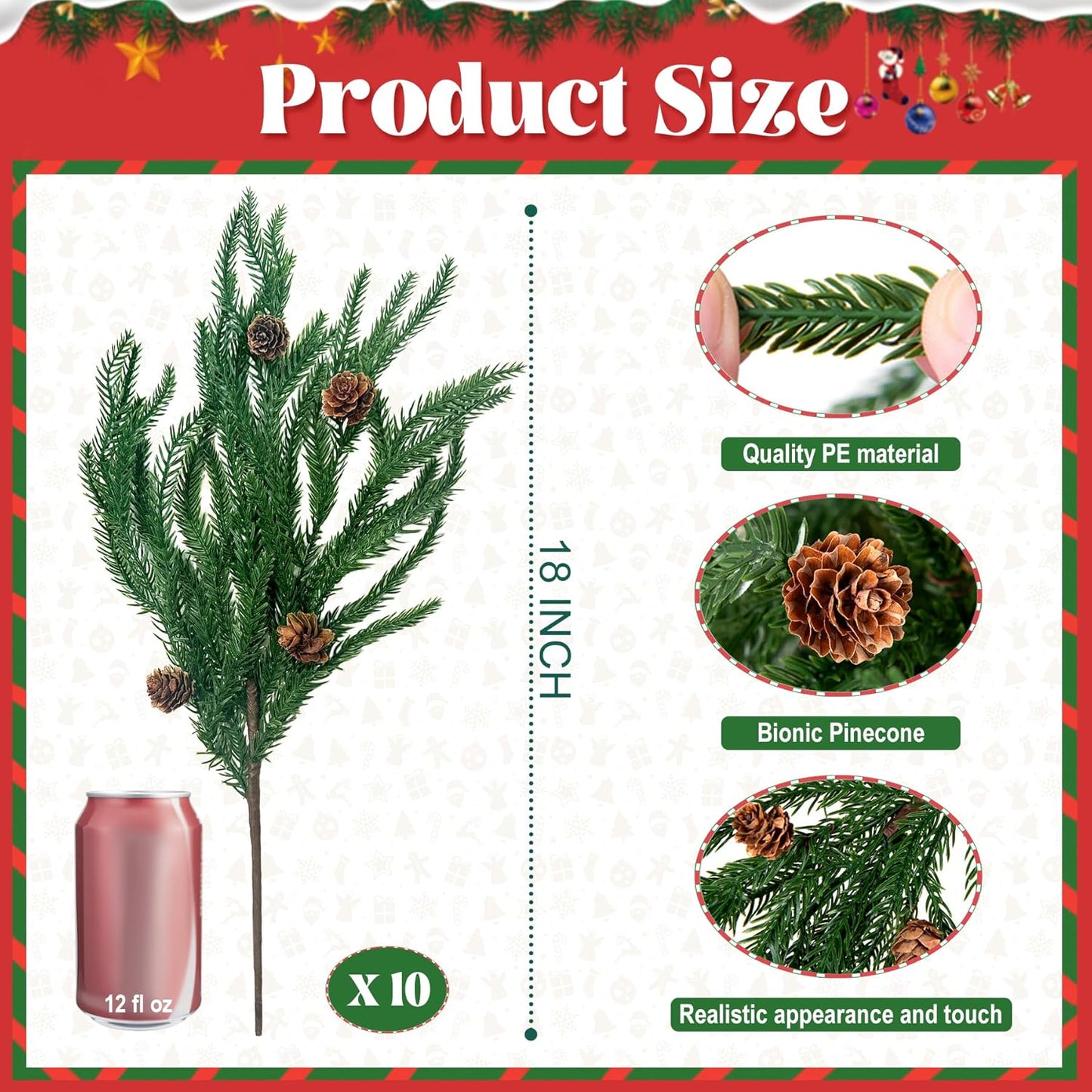 Artificial Norfolk Pine Stems for Christmas Decorations, 10 Pcs 18 inch Fake Pine Cone Branches for Vases Garland Real Touch Faux Greenery Evergreen Plants for Xmas Home Decor Indoor Winter