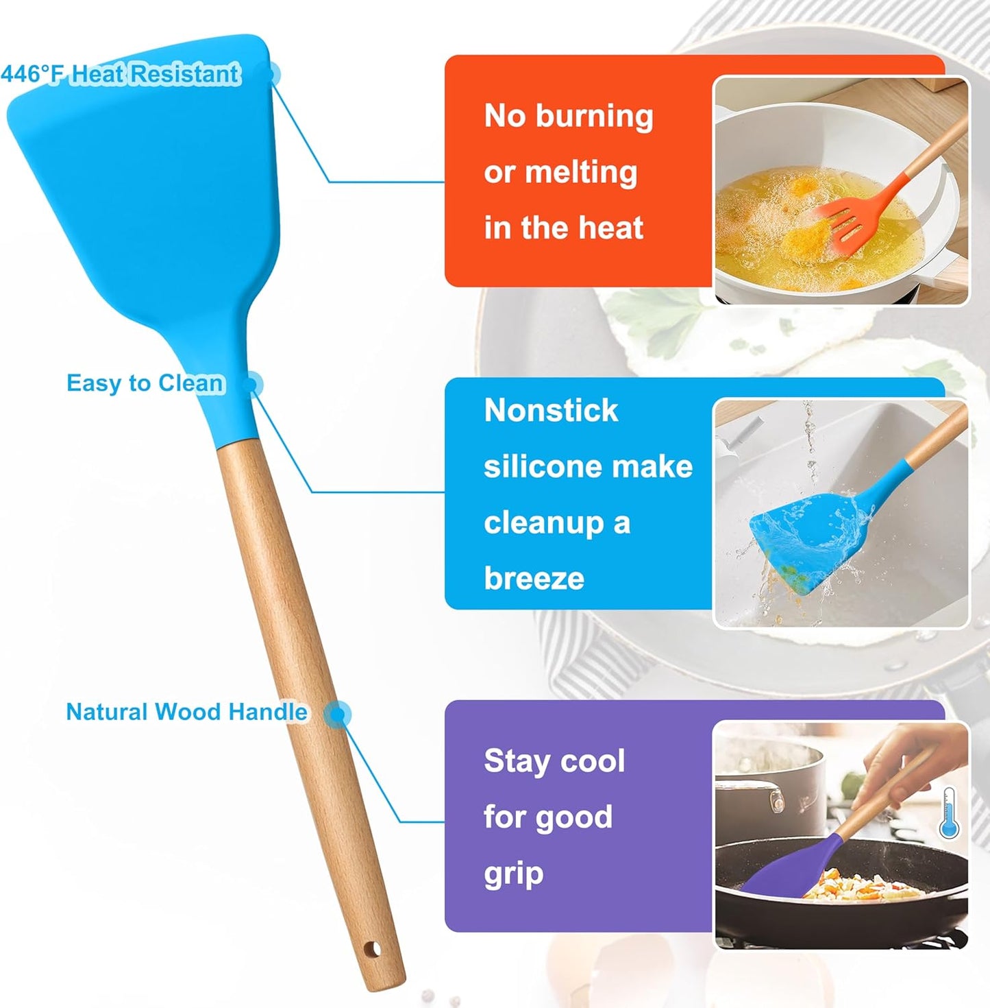 E-far Silicone Cooking Utensils Set, 10-Piece Kitchen Utensils Set with Wooden Handle for Nonstick Cookware, Heat Resistant Kitchen Nonstick Tools Spatula Whisk Ladle, Non-toxic & Healthy - Colorful