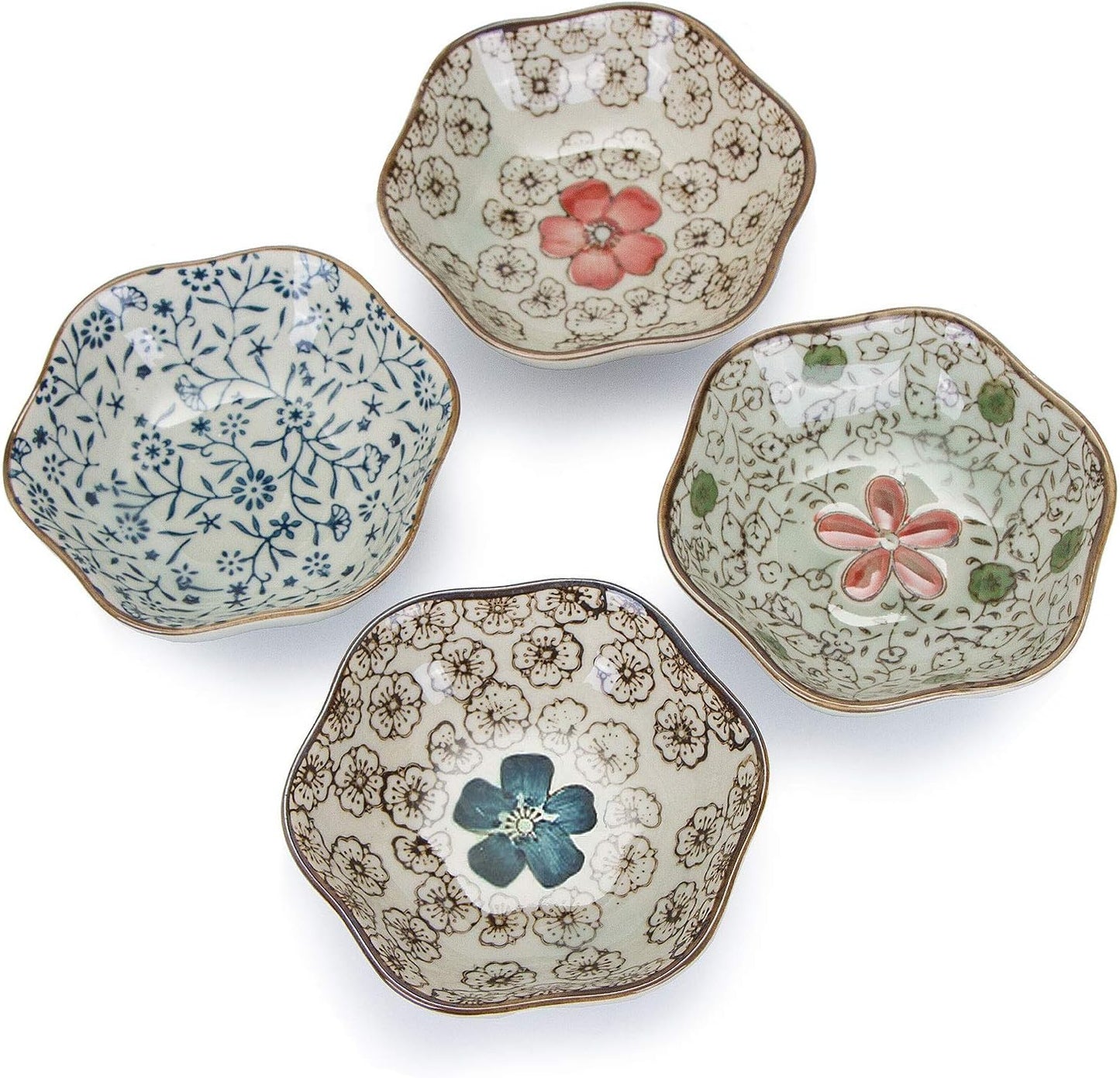 VanEnjoy 4 pcs Colorful Glaze Flower Pattern Ceramic Soy Sauce Dipping Bowls Appetizer Plates Serving Dishes Condiment Dish
