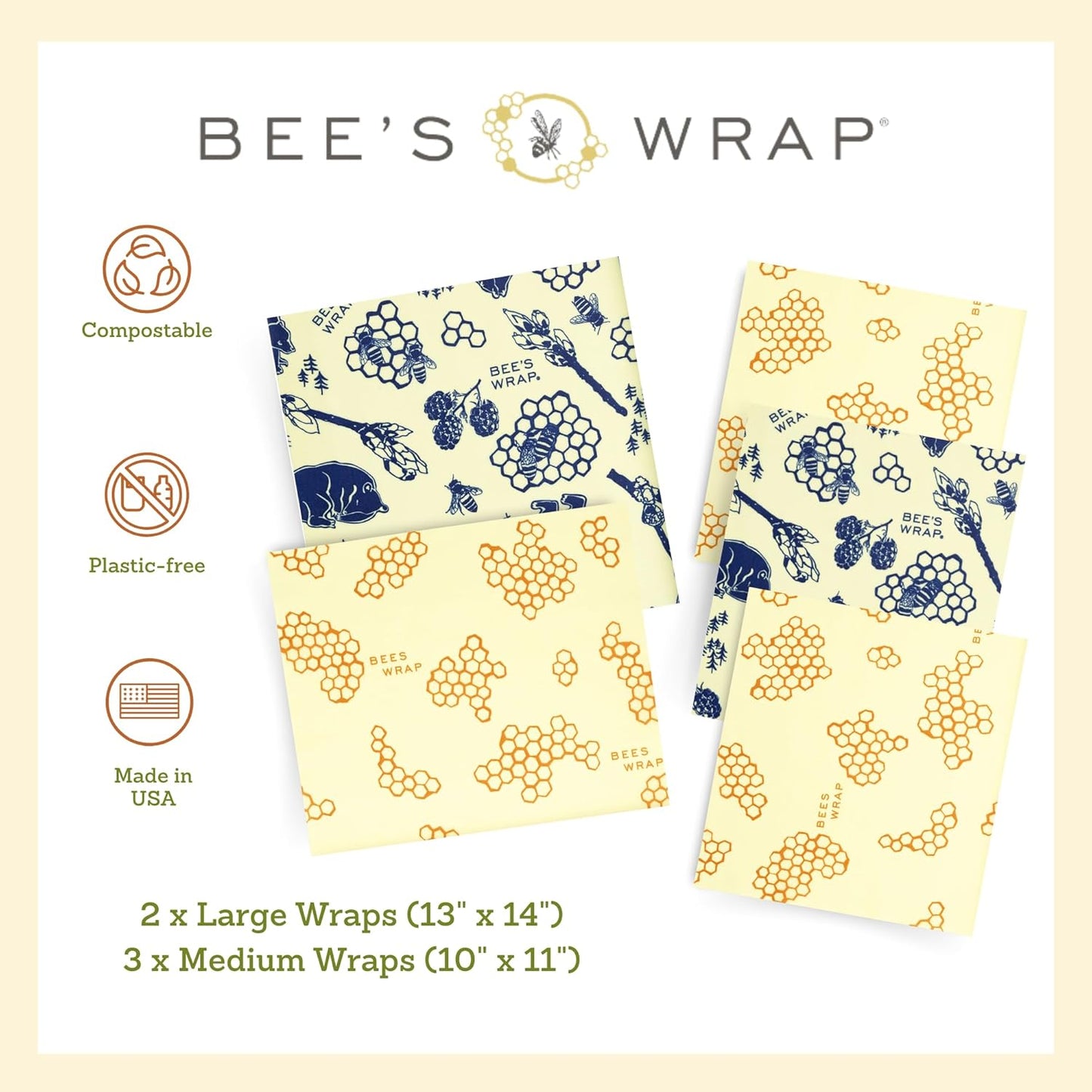 Bee's Wrap Beeswax Wraps for Food - Made in USA Reusable & Organic Food Wraps & Bowl Covers - Eco-Friendly Alternative to Aluminum Foil, Honeycomb & Bees + Bears Assorted 5 Pack (2L, 3M)