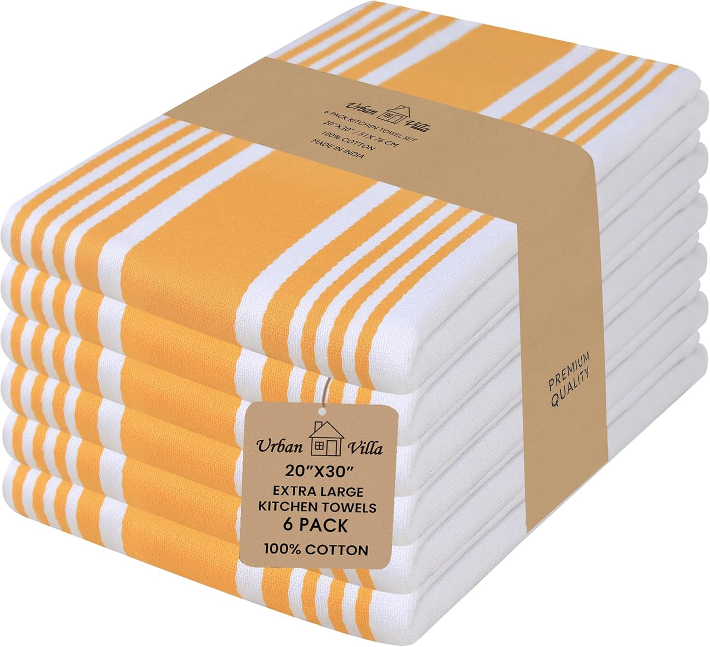 Urban Villa Kitchen Towels 100% Cotton Pack of 6, Highly Absorbent Quick Drying Super Soft Premium Dish Towels for Kitchen with Hanging Loop Hand & Tea Towels - 20x30 Inch, (Yellow & White, Striped)