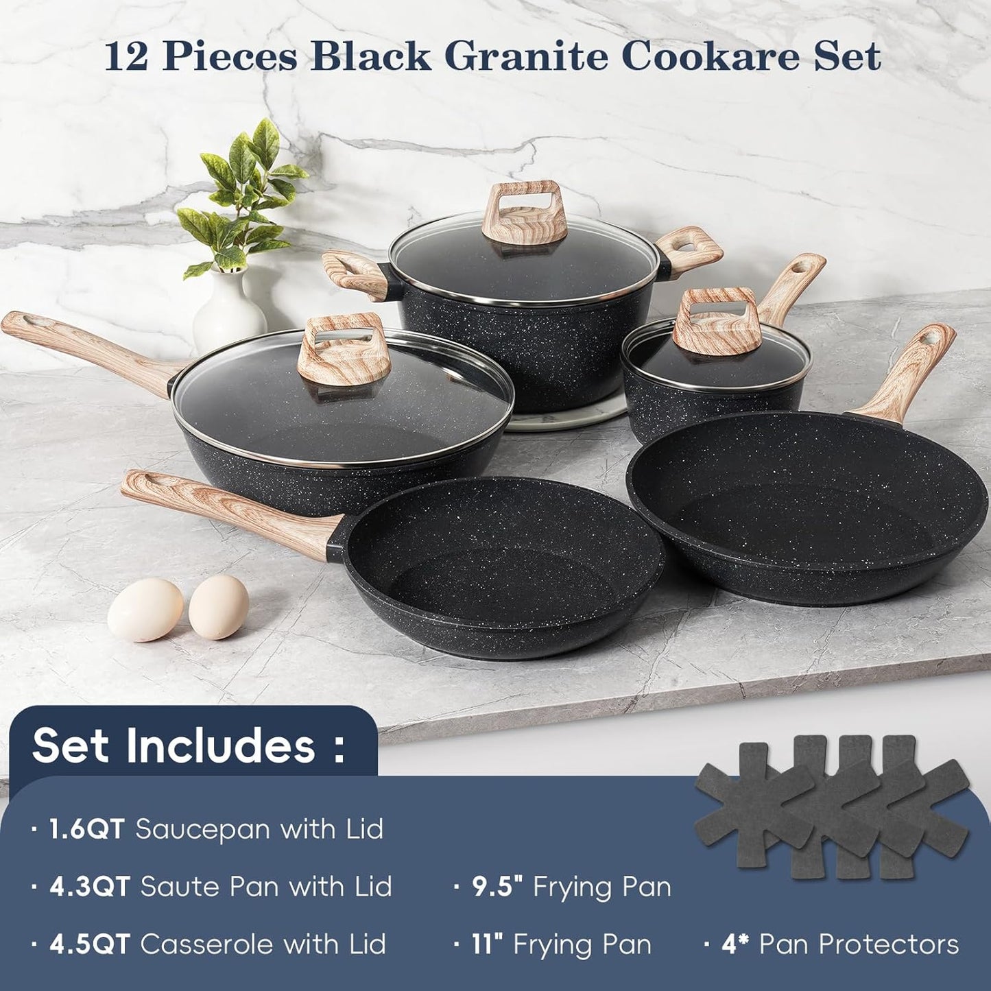 12 Pcs Pots and Pans Set, Nonstick Cookware Sets Black Granite Induction Cookware, Non-toxic Healthy Non Stick Kitchen Cooking Set with Frying Pans Set, Saucepans,Steamer (PFAS, PFOA, PFOS Free)