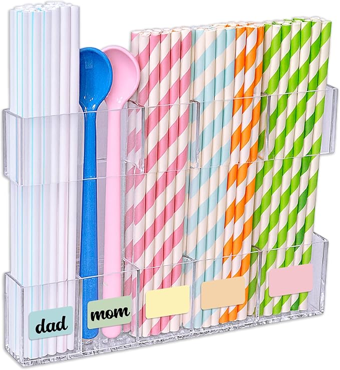 Acrylic Straw Holder for Cabinet Door or Countertop - Clear Organizer & Dispenser for Reusable Tumbler Straws, Space-Saving Kitchen Accessories, Cupboard or Pantry Storage, Strong Adhesive
