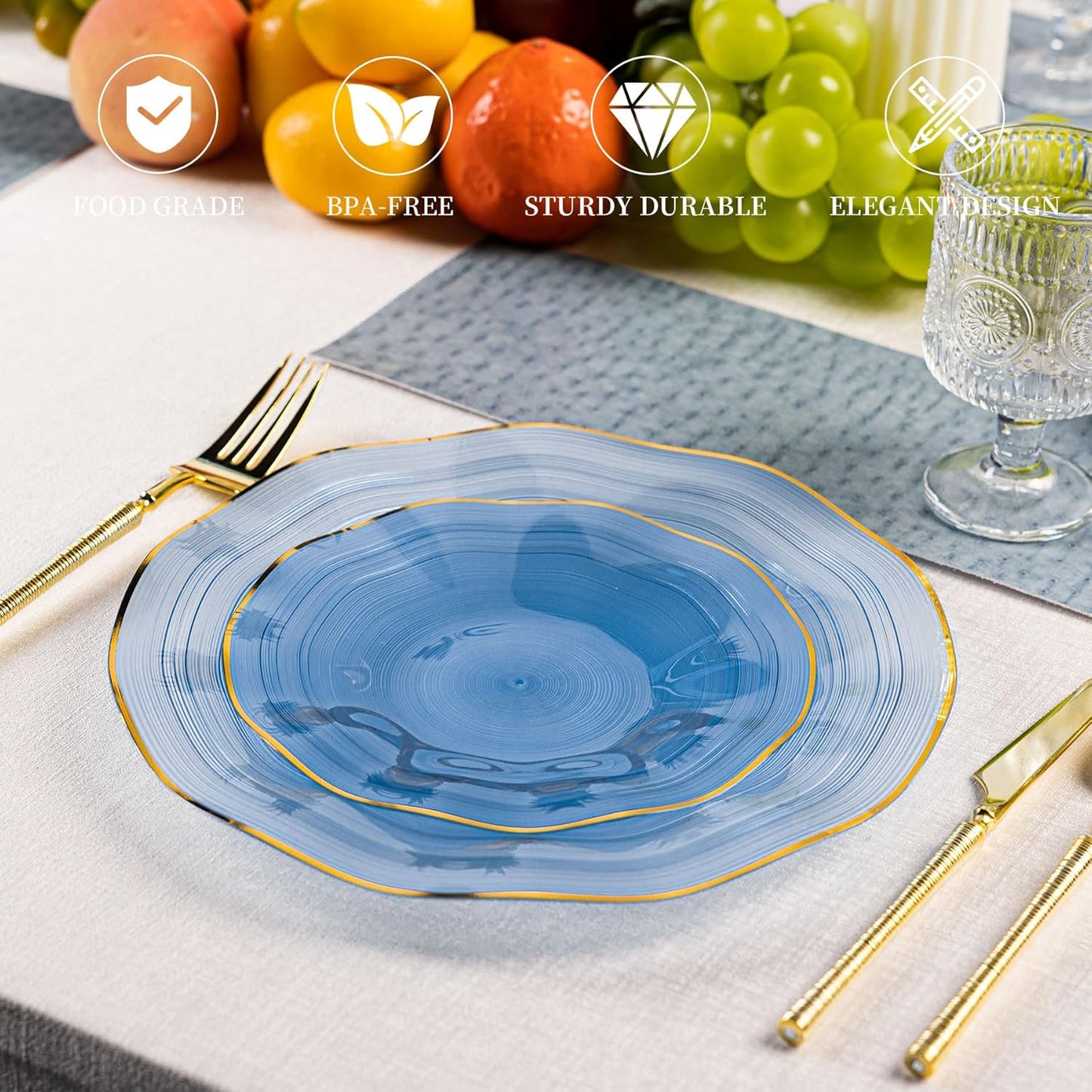 120PCS Blue Plastic Plates with Gold Rim, Heavy Duty Disposable Plates, Elegant and Fancy 60 Dinner and 60 Dessert Plates for Party and Wedding