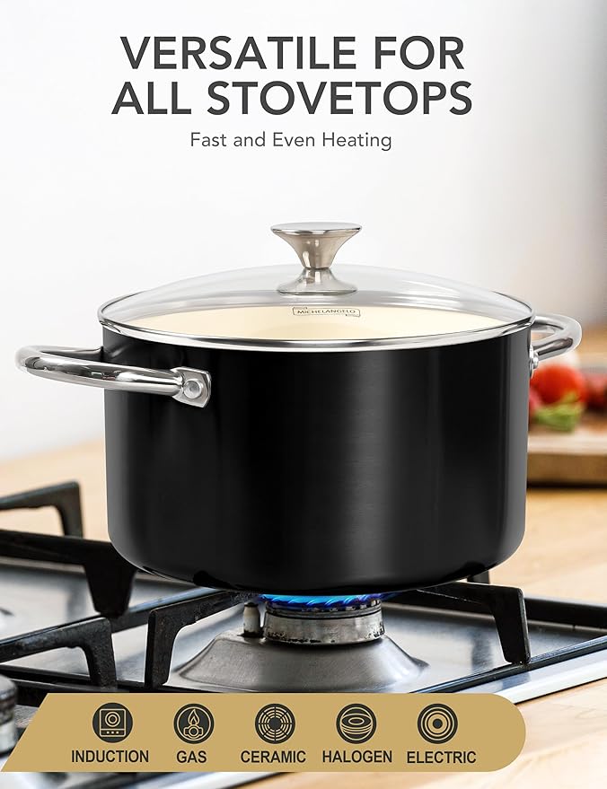 MICHELANGELO Ceramic Stock Pot with Lid, 6 Quart Pot with Nonstick Coating, Induction Cooking Pot for Induction and All Stovetops - 6QT, Black