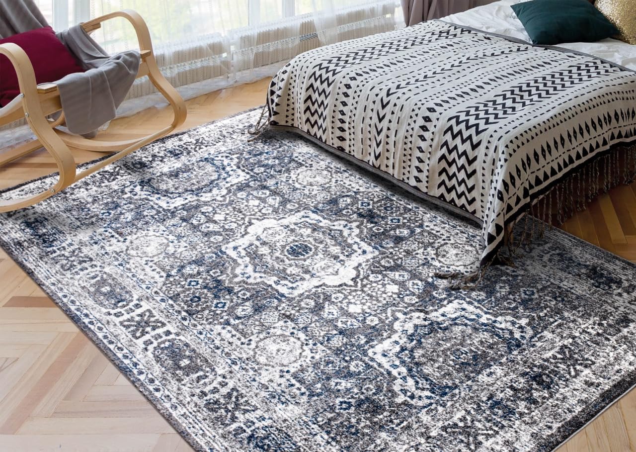 Keen Home Design Area Rugs - Non-Shedding, Thick Pile Abstract Rugs for Kitchen, Living Room, Bedroom, Dining Room, Entryway (Medallion Grey/Blue/Cream, 5'11'' x 9'2'')