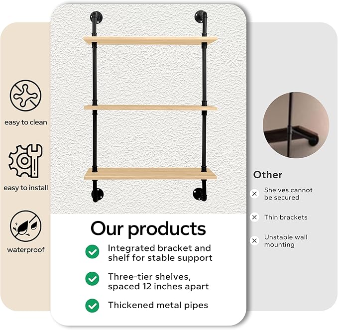 3-Tier Industrial Pipe Floating Shelf – Rustic 36 inch Wood Wall-Mounted Storage Shelf for Kitchen Office,Bathroom & Home Decor -White Oak