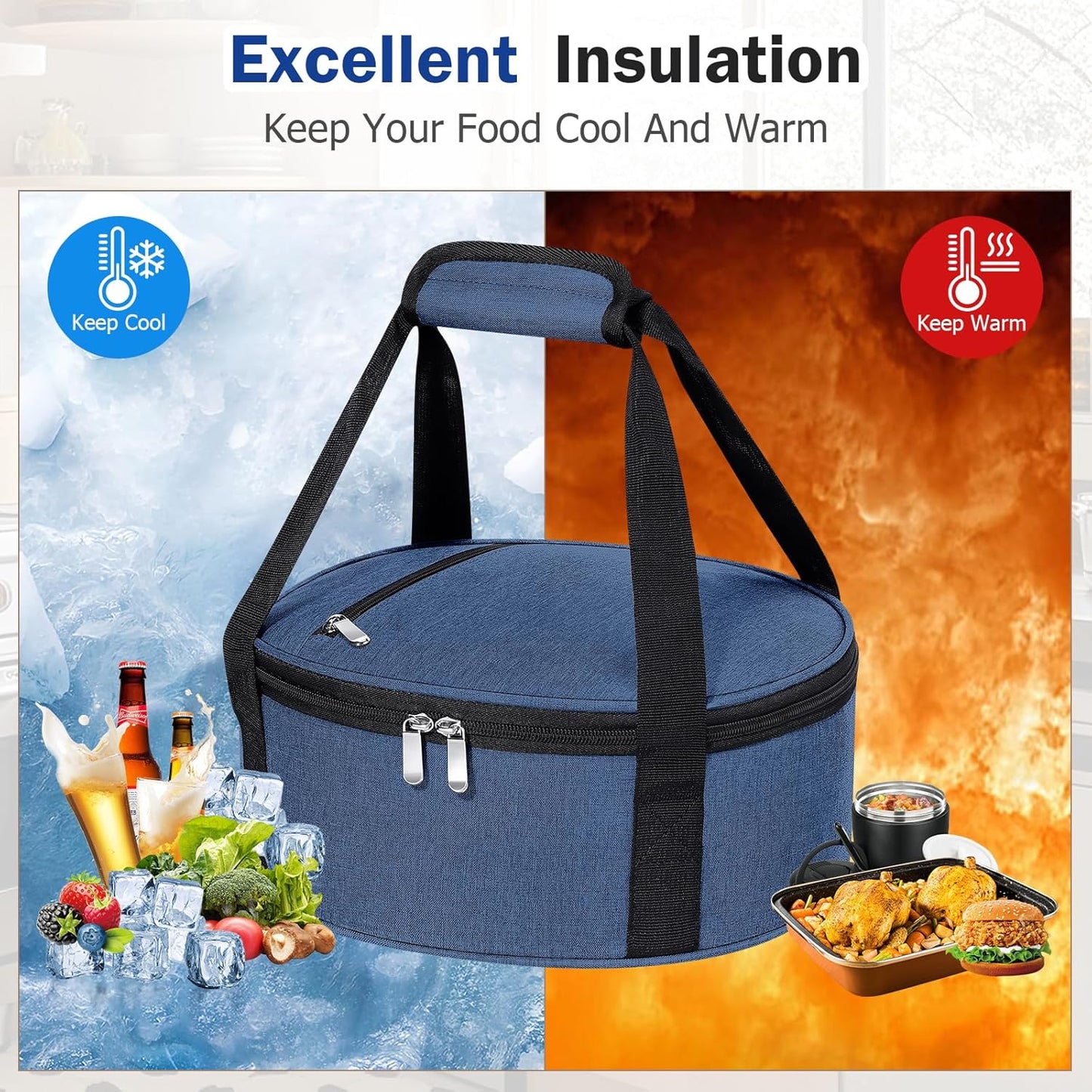 Round Insulated Casserole Carrier, Pie Carrier Bag, Portable Casserole Carrier for Hot or Cold Food Lunch Tote Warmer or Cooler Bag, Lunch Bag for Parties Picnic, Fits 12.5" Baking Dish, Navy Blue