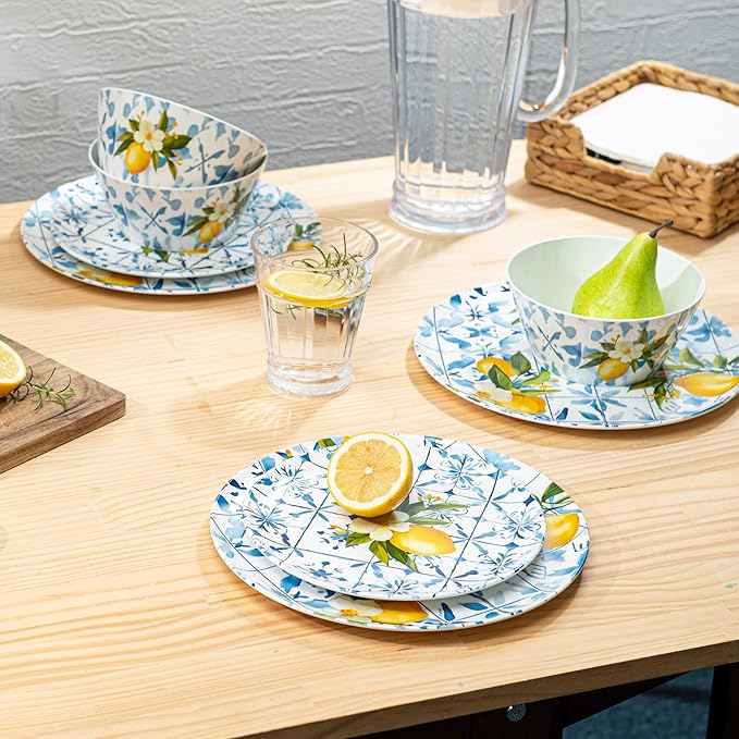 Bzyoo 12-Piece Melamine Dinnerware Set - Lemon Tiles | Lightweight, Durable, BPA-Free | Dishwasher Safe Dish Set for Indoor & Outdoor Use - Perfect for Camping, BBQs