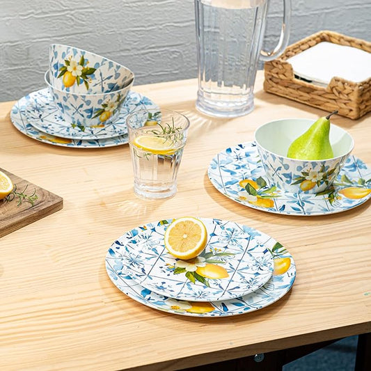 Bzyoo 12-Piece Melamine Dinnerware Set - Lemon Tiles | Lightweight, Durable, BPA-Free | Dishwasher Safe Dish Set for Indoor & Outdoor Use - Perfect for Camping, BBQs