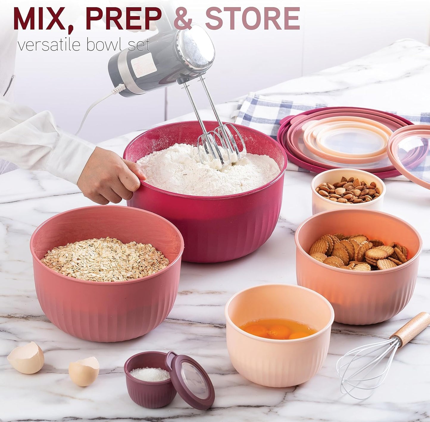 COOK WITH COLOR Prep Bowls with Lids- Wide and Deep Nesting Plastic Small Mixing Bowl Set with Lids, 12 Piece Set - Deep Bowls, Rose