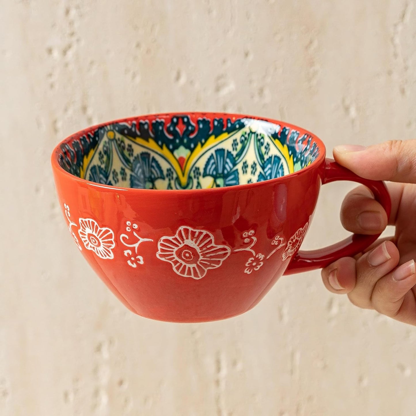 Red Boho Coffee Mug Set of 1 with Coffee Spoon, Ceramic Large Cups 15 oz/ 450ml, Porcelain Cups for Latte, Tea, Cappuccino, Cocoa, Soup, Dishwasher Microwave Safe, Gift Set Bohemian Style