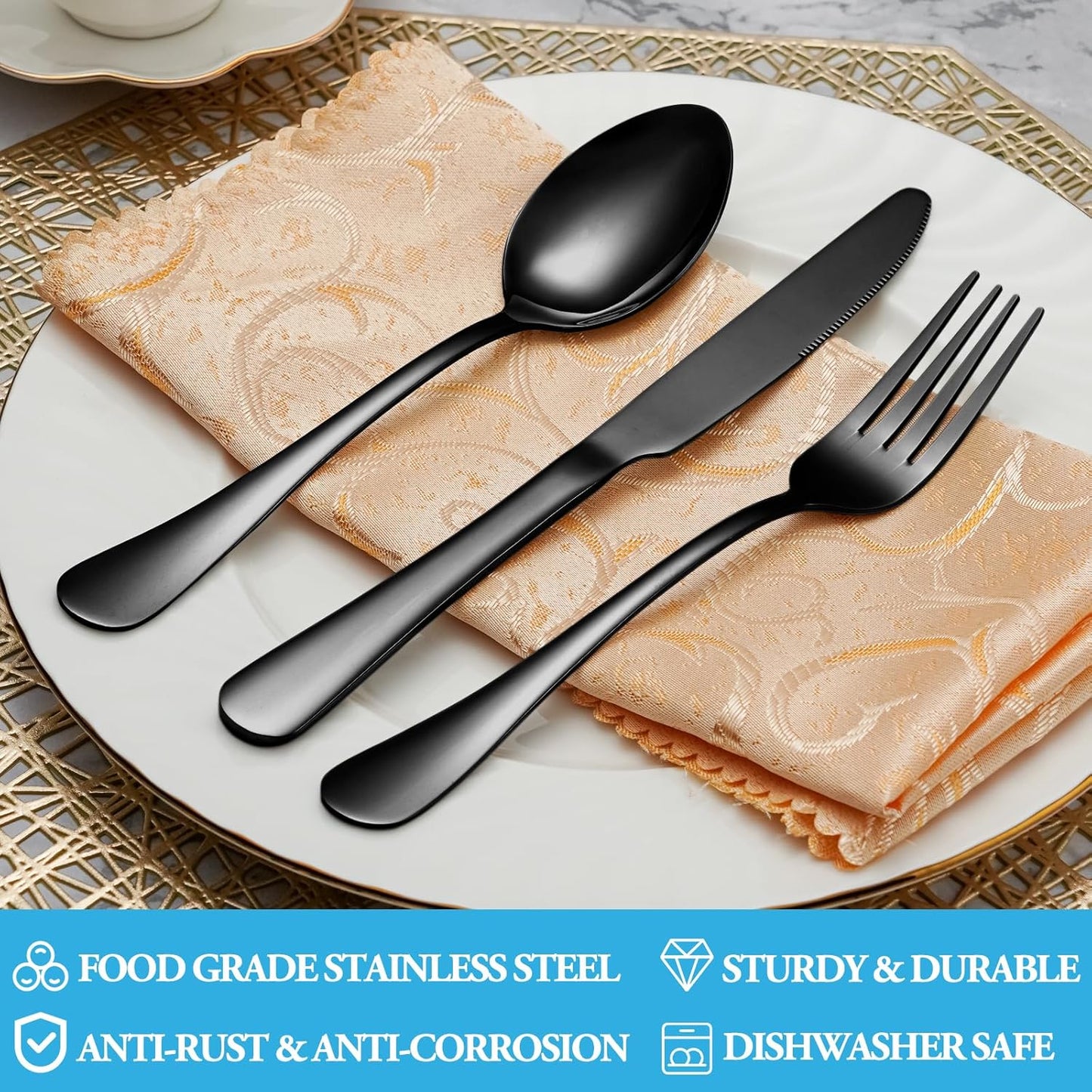 50 Pcs Black Silverware Set, Stainless Steel Flatware Set Service for 10, Mirror Polished Cutlery Utensil Sets, Durable Home Kitchen Eating Tableware Sets, Include Fork Knife Spoon, Dishwasher Safe