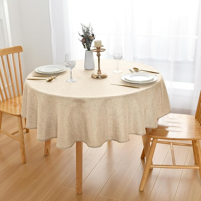 JIUZHEN Round Table Cloth Faux Linen Farmhouse Tablecloth Wrinkle and Stain Resistant Decorative Fabric Table Cover for Kitchen, Dining Room, Parties and Camping, Beige, 80 Inch Round