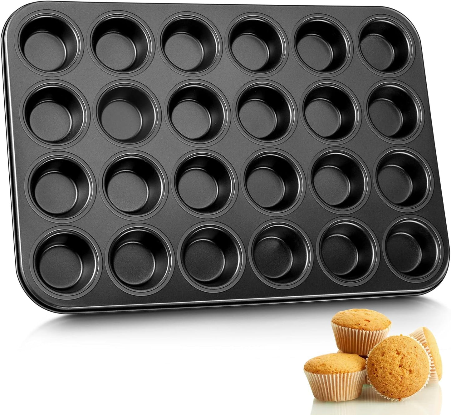 E-far Mini Muffin Pan 24-Cup - Nonstick Carbon Steel Cupcake Tin Tray for Little Bites & Freezer Prep | Warp-Free Bakeware Ensures Even Baking & Effortless Release, Regular Size & Oven Safe
